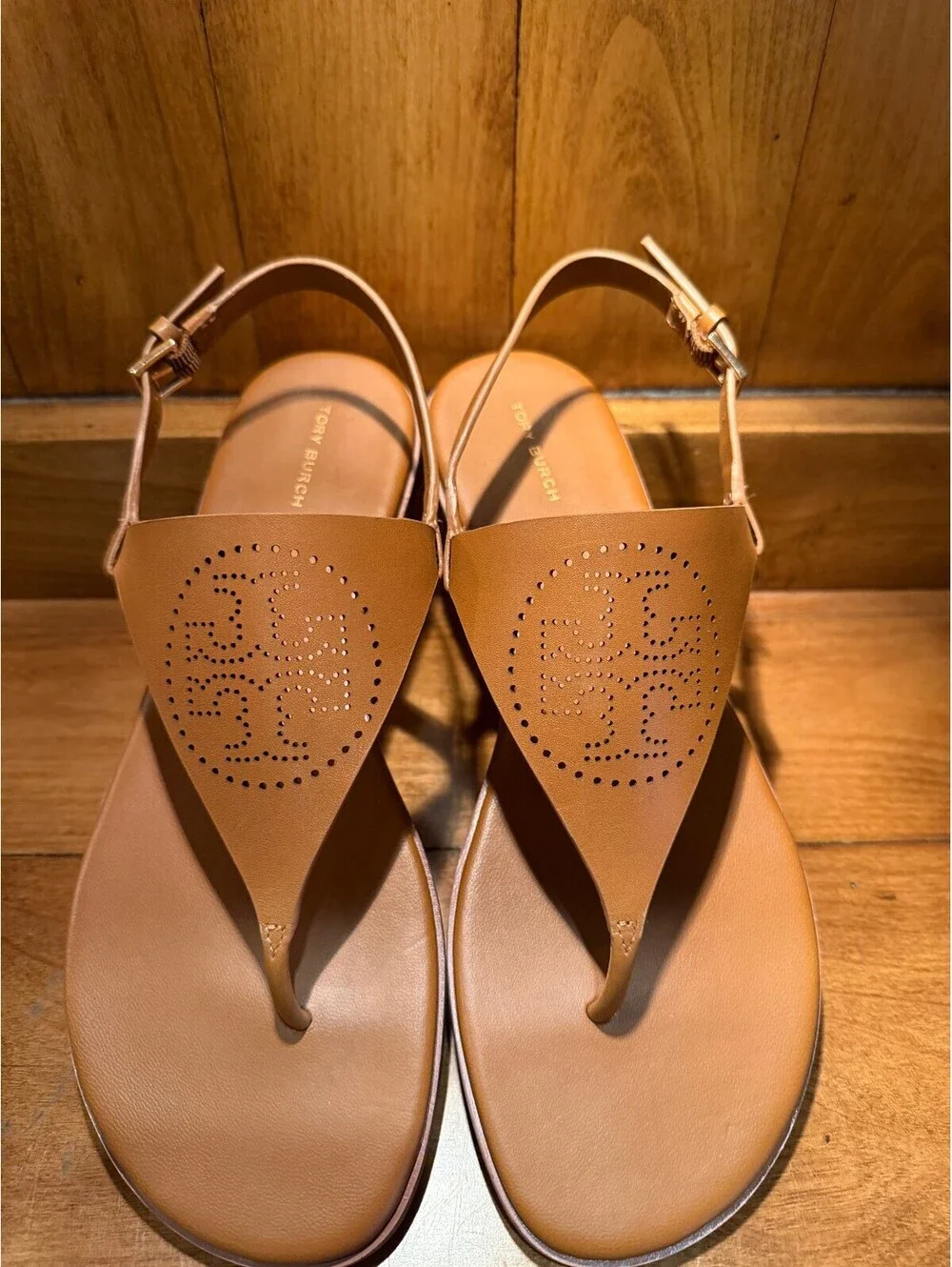 New Tory Burch Capri Perforated Logo Leather Slingback Sandals Women's Size 9